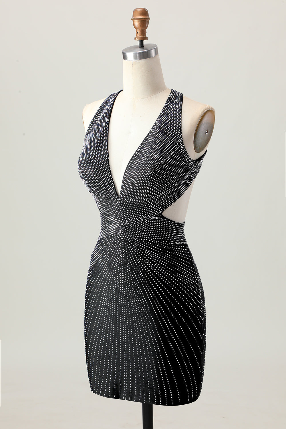 Black Bodycon V-Neck Beaded Cocktail Dress