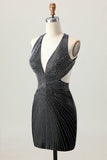 Black Bodycon V-Neck Beaded Cocktail Dress