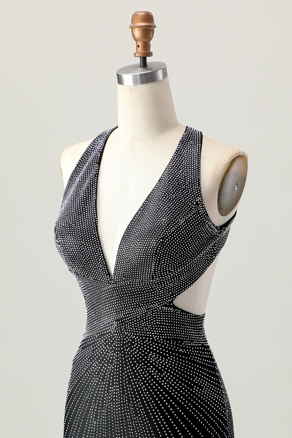 Black Bodycon V-Neck Beaded Cocktail Dress