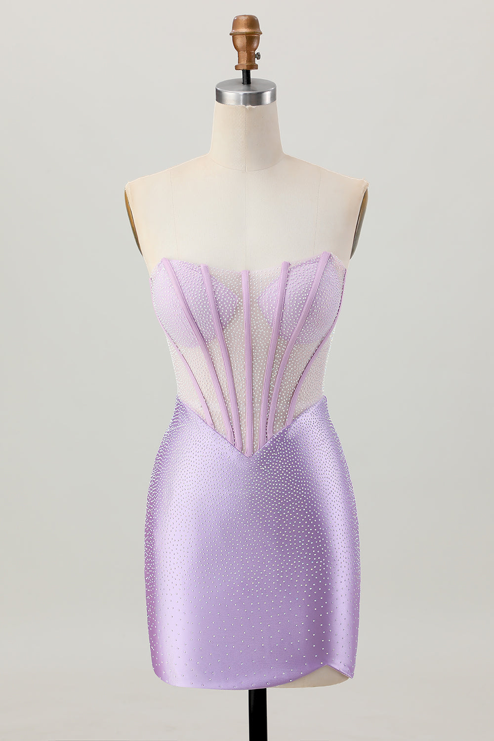 Lilac Beaded Strapless Corset Short Satin Cocktail Dress