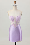 Lilac Beaded Strapless Corset Short Satin Cocktail Dress