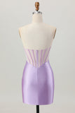 Lilac Beaded Strapless Corset Short Satin Cocktail Dress