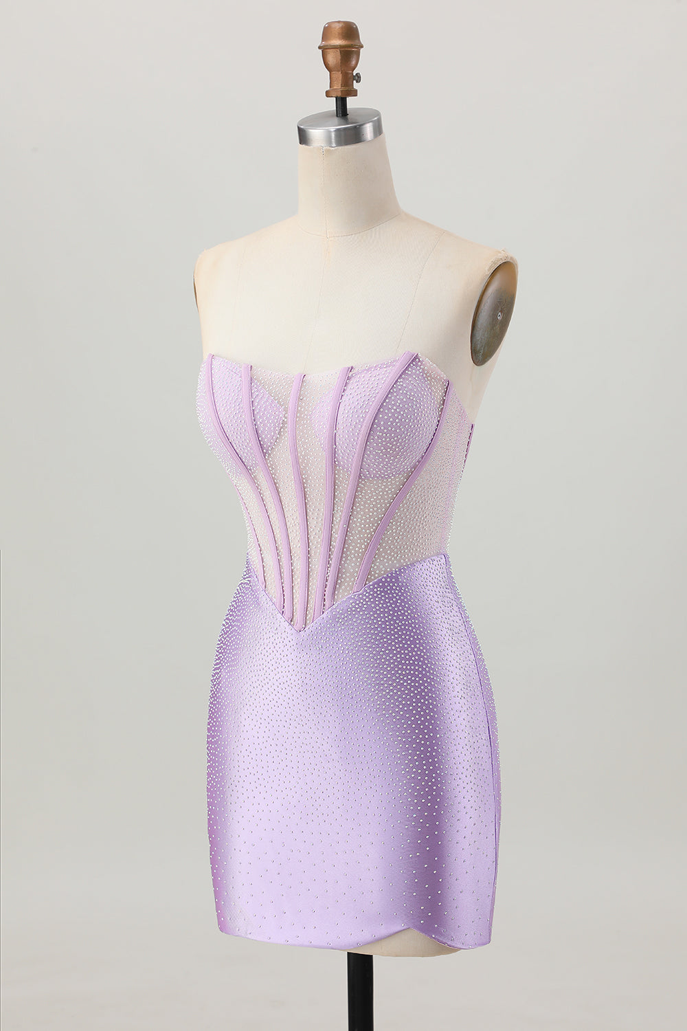 Lilac Beaded Strapless Corset Short Satin Cocktail Dress