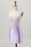 Lilac Beaded Strapless Corset Short Satin Cocktail Dress
