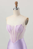 Lilac Beaded Strapless Corset Short Satin Cocktail Dress