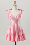 Blush Pink A Line V-Neck Satin Cocktail Dress with Bows