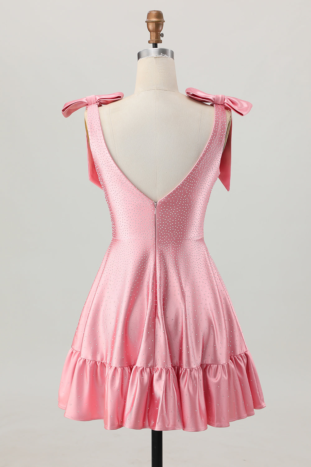 Blush Pink A Line V-Neck Satin Cocktail Dress with Bows