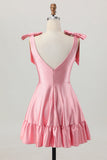 Blush Pink A Line V-Neck Satin Cocktail Dress with Bows
