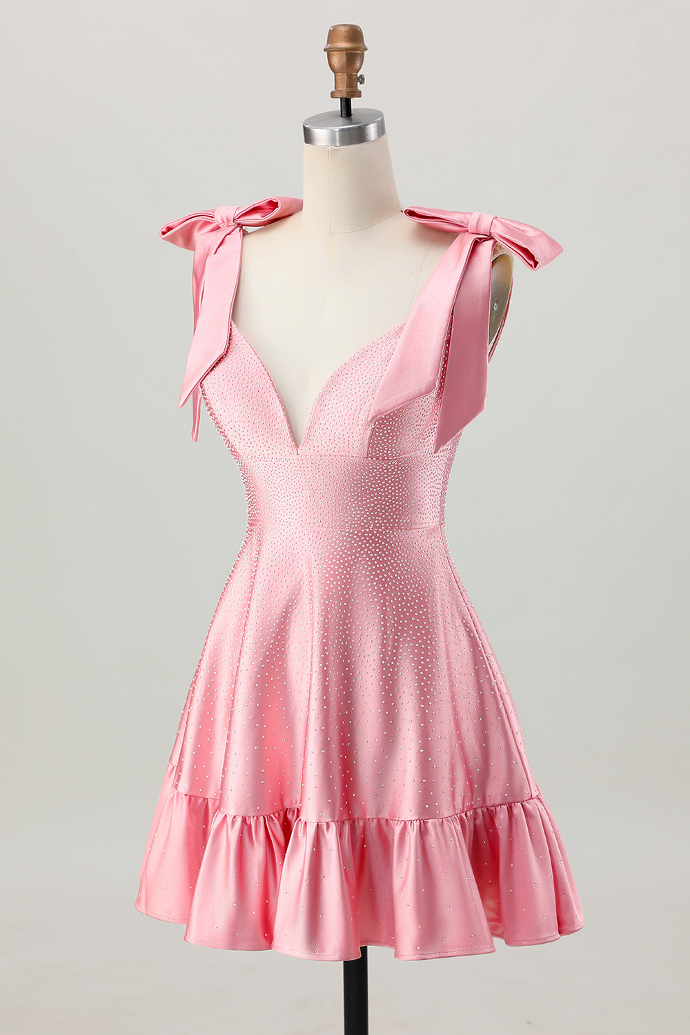 Blush Pink A Line V-Neck Satin Cocktail Dress with Bows