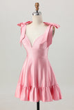 Blush Pink A Line V-Neck Satin Cocktail Dress with Bows