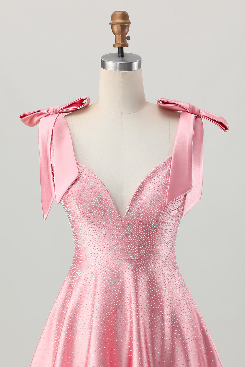 Blush Pink A Line V-Neck Satin Cocktail Dress with Bows