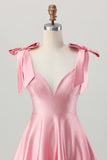 Blush Pink A Line V-Neck Satin Cocktail Dress with Bows