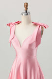 Blush Pink A Line V-Neck Satin Cocktail Dress with Bows