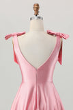 Blush Pink A Line V-Neck Satin Cocktail Dress with Bows