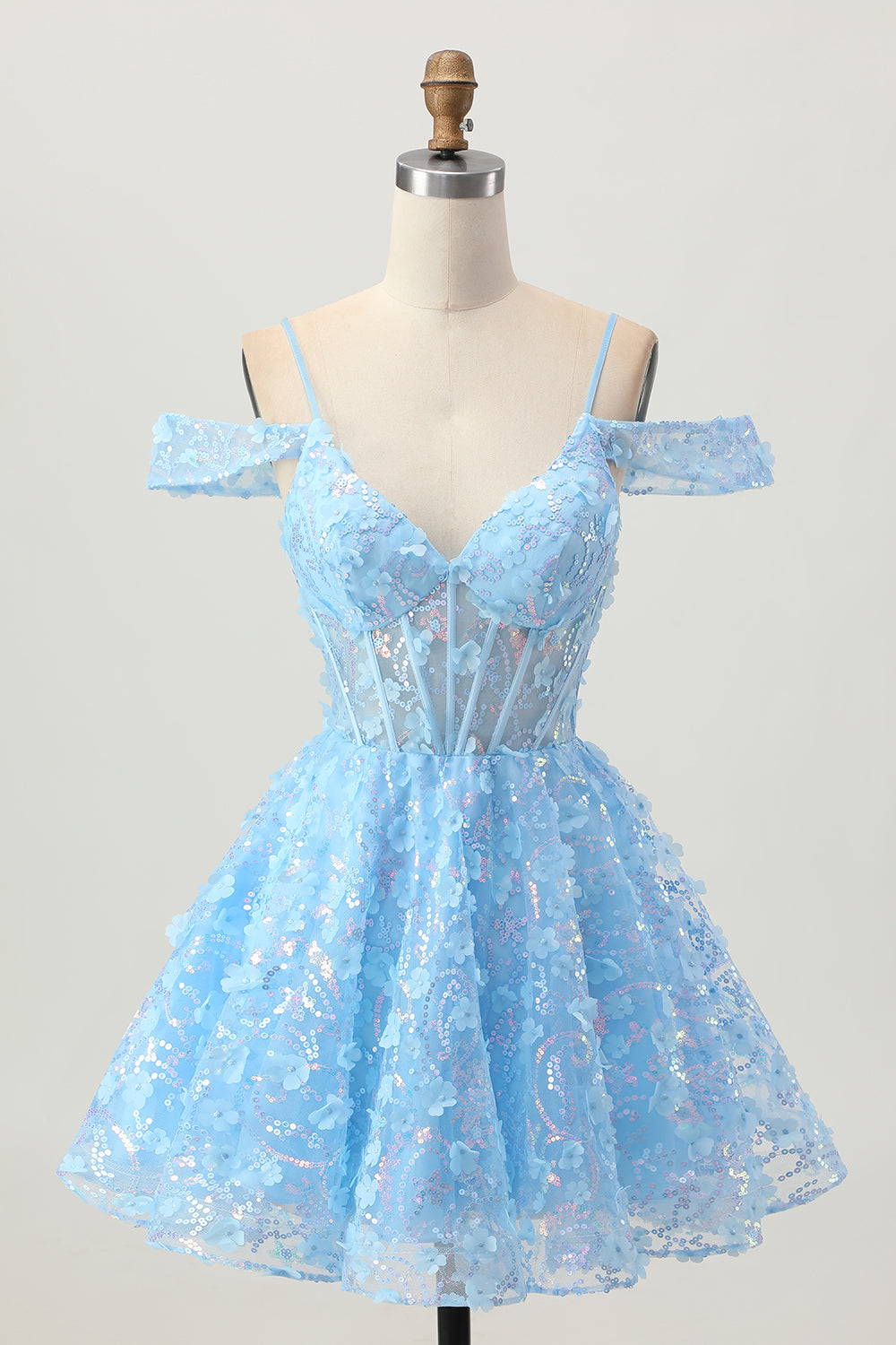 Sparkly Sequins Blue A-Line Cold Shoulder Mini Cocktail Dress with Open Back