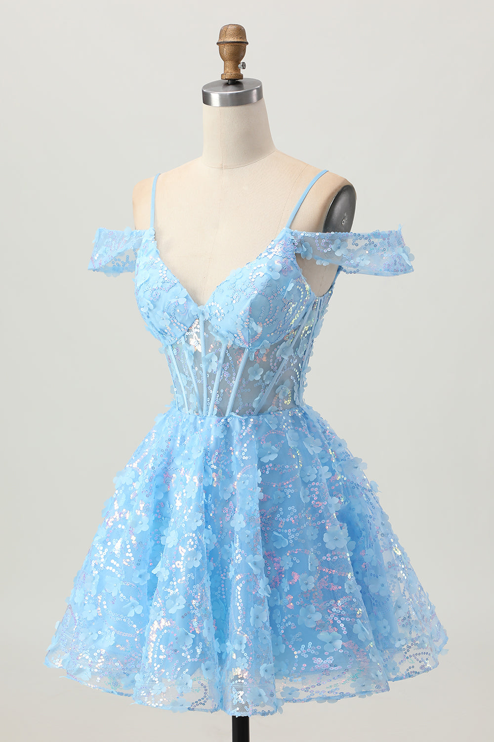 Sparkly Sequins Blue A-Line Cold Shoulder Mini Cocktail Dress with Open Back