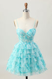 Blue Green A Line Tiered Print Corset Mini Cocktail Dress with Ruffle Skirt