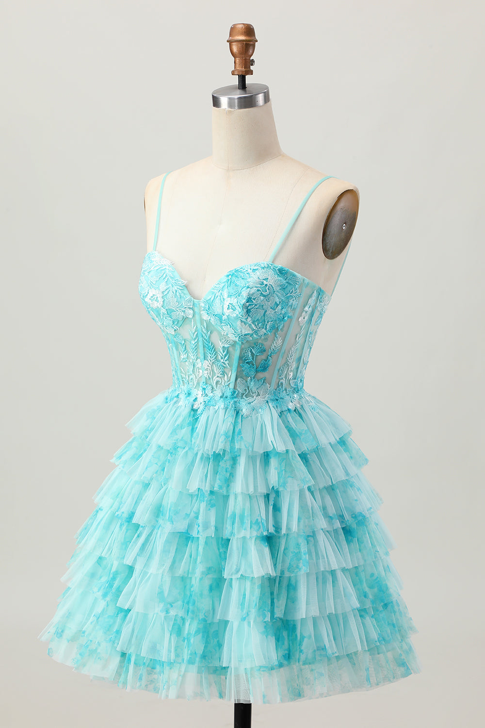 Blue Green A Line Tiered Print Corset Mini Cocktail Dress with Ruffle Skirt