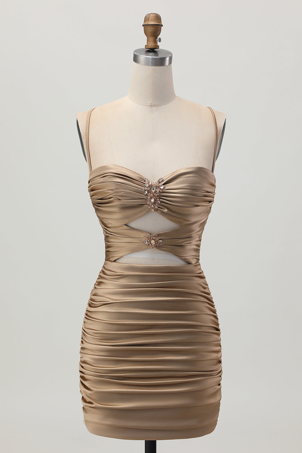 Dark Khaki Ruched Cut-Out Tight Mini Cocktail Dress with Lace Up Back