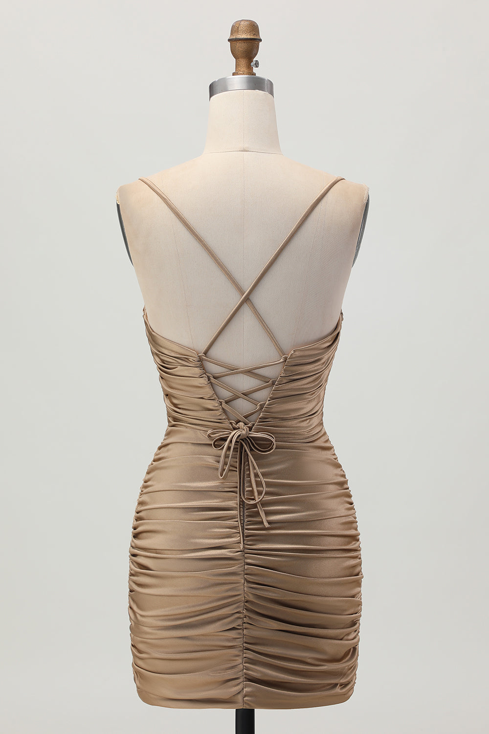 Dark Khaki Ruched Cut-Out Tight Mini Cocktail Dress with Lace Up Back