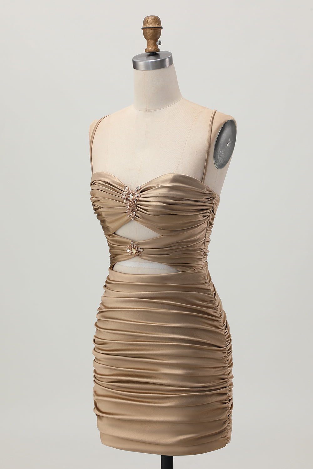 Dark Khaki Ruched Cut-Out Tight Mini Cocktail Dress with Lace Up Back