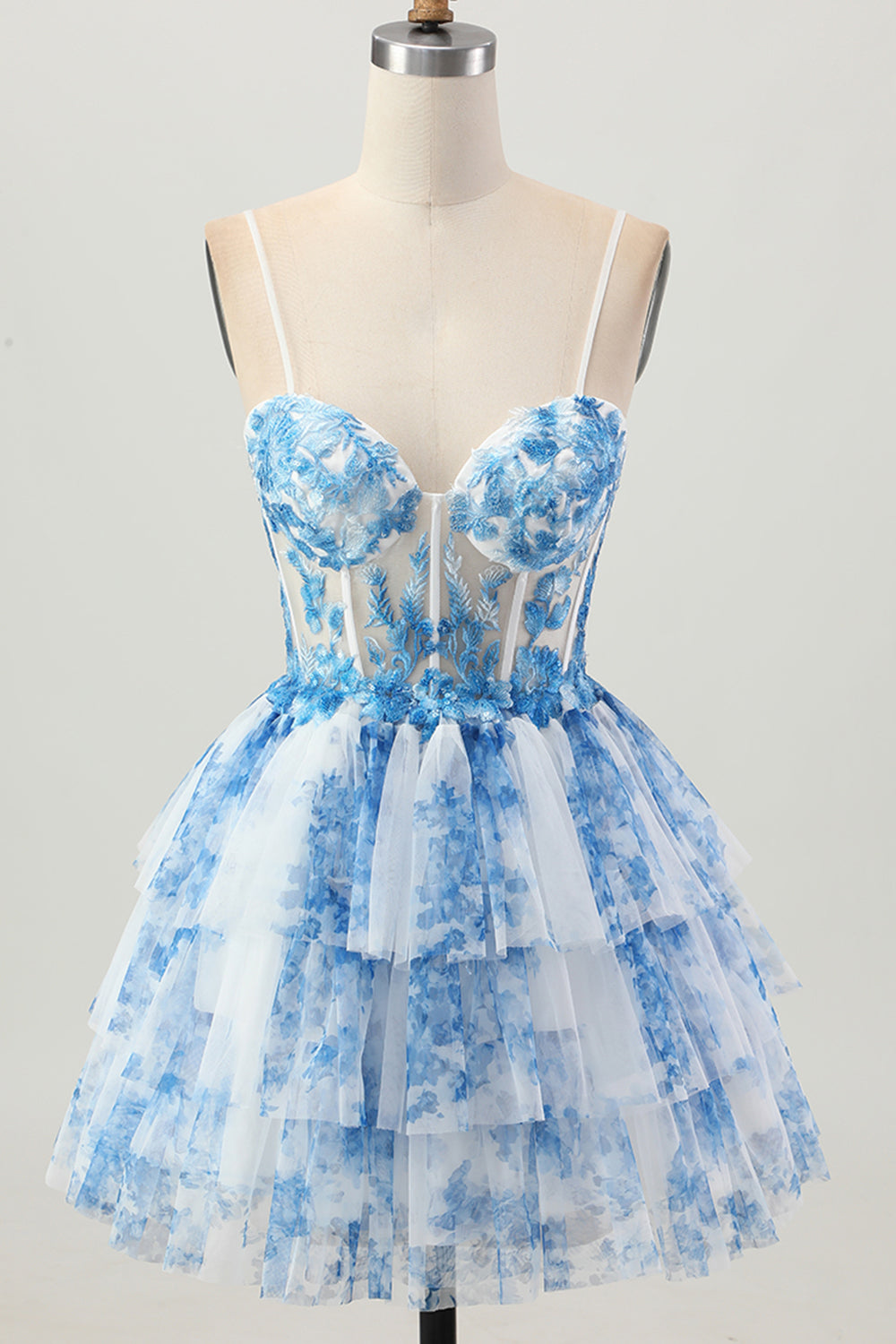 White Blue Flower A Line Corset Tiered Short Prom Dress