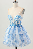 White Blue Flower A Line Corset Tiered Short Prom Dress