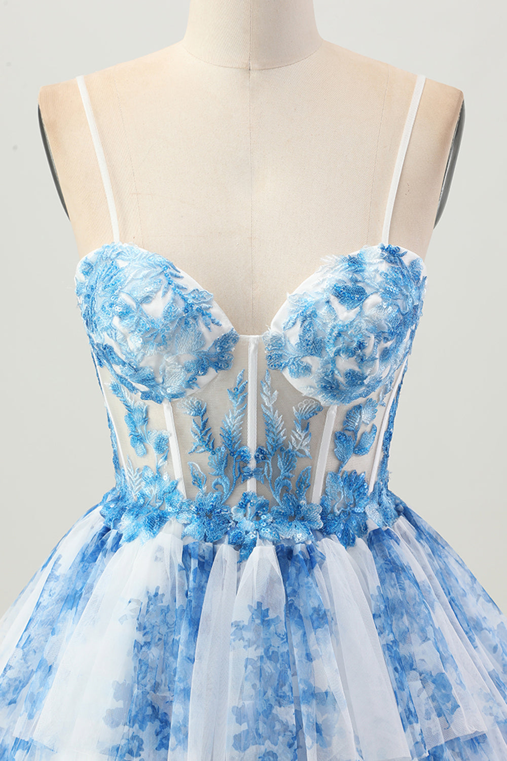 White Blue Flower A Line Corset Tiered Short Prom Dress