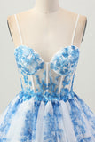 White Blue Flower A Line Corset Tiered Short Prom Dress