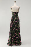 Black Pink Floral Spaghetti Straps Corset A Line Long Bridesmaid Dress