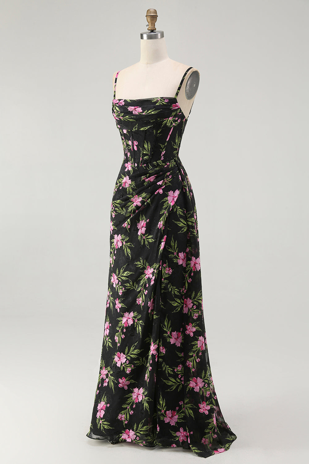 Black Pink Floral Spaghetti Straps Corset A Line Long Bridesmaid Dress