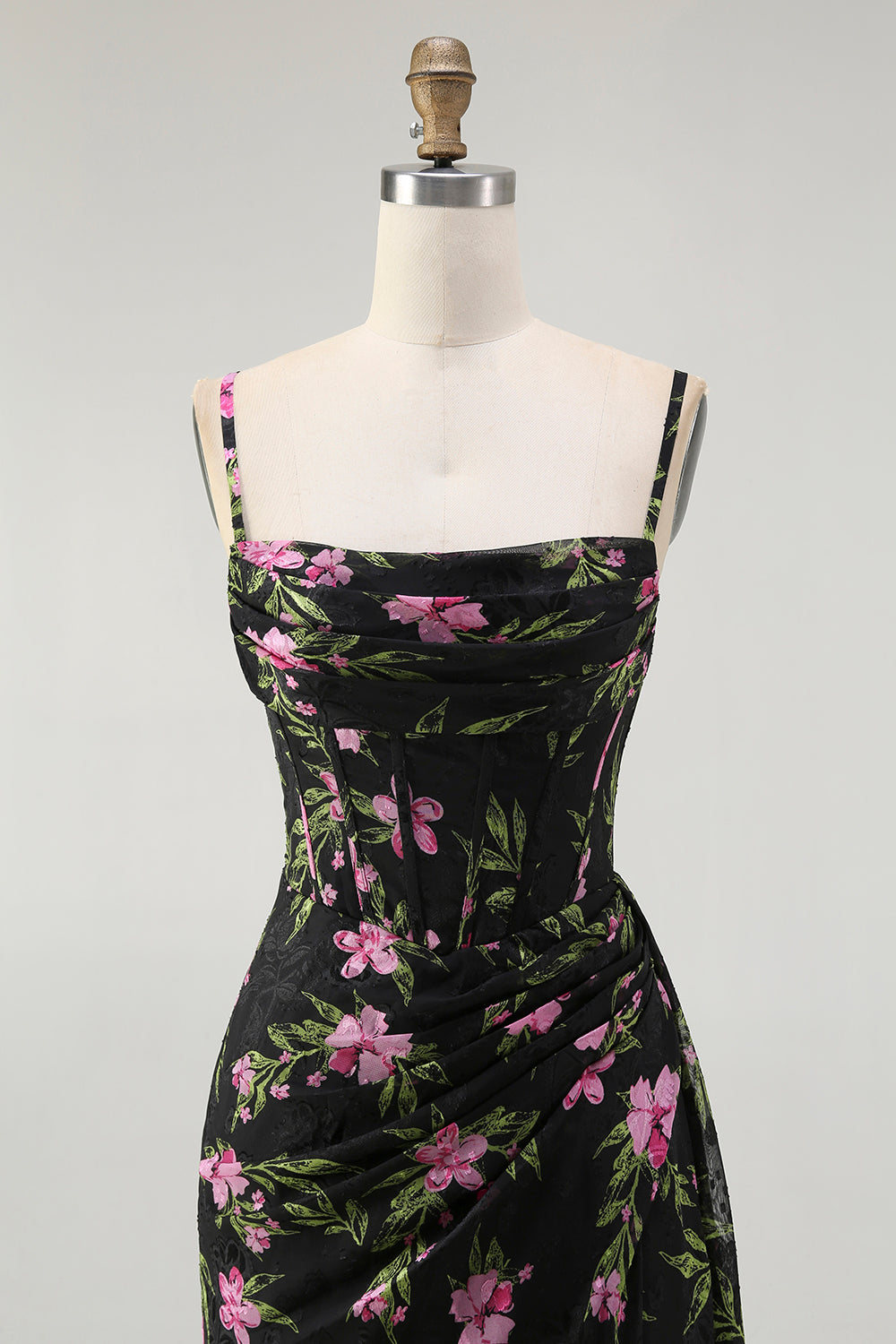 Black Pink Floral Spaghetti Straps Corset A Line Long Bridesmaid Dress