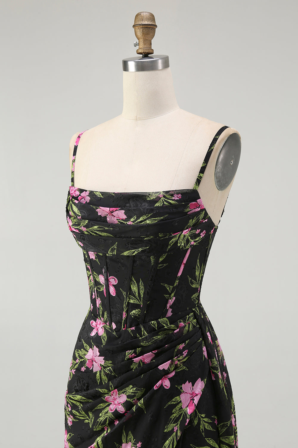 Black Pink Floral Spaghetti Straps Corset A Line Long Bridesmaid Dress