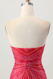 Sparkly Red Beaded Short Tight Cocktail Dress with Slit