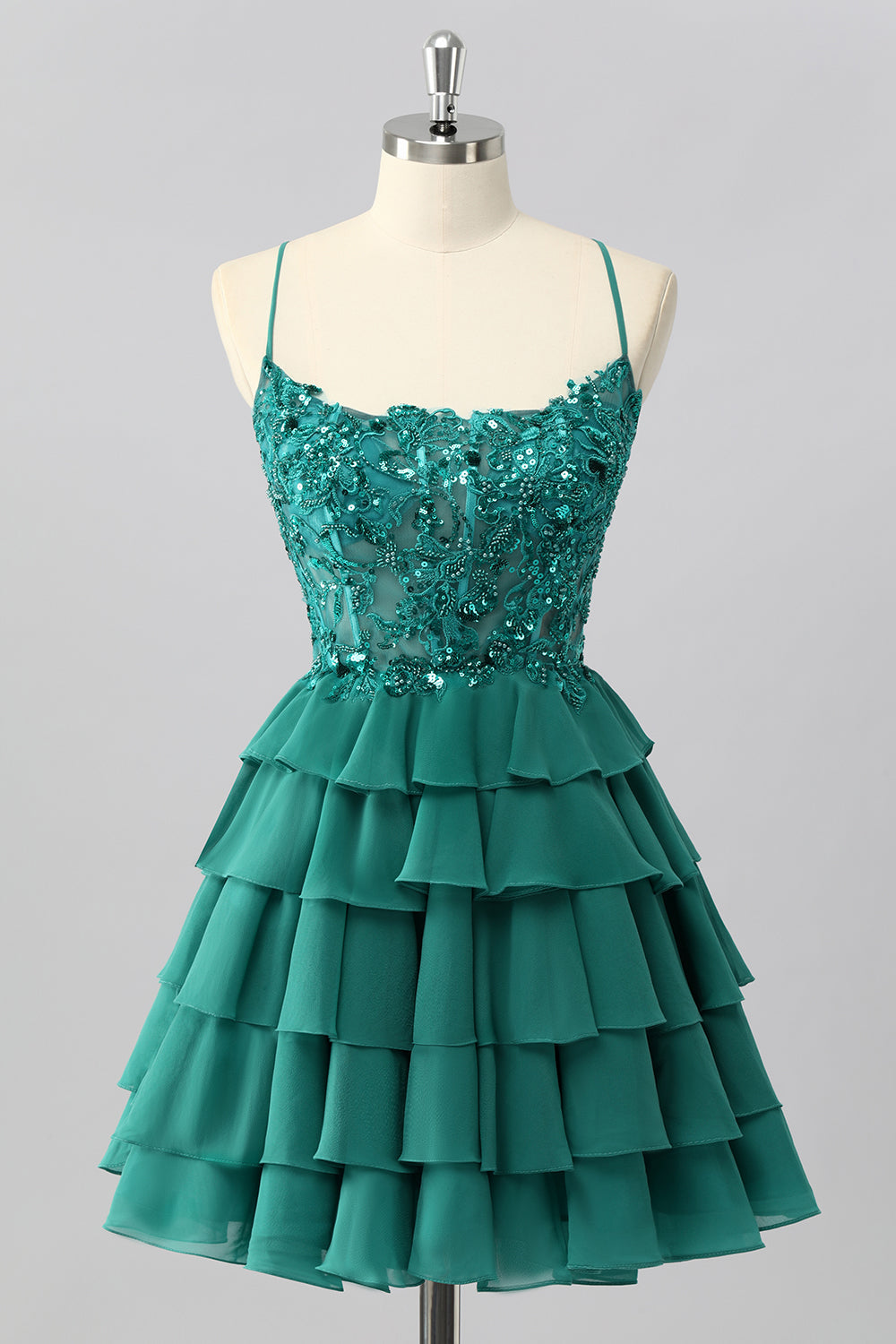 Dark Green A Line Sequins Tiered Cocktail Dress with Appliques
