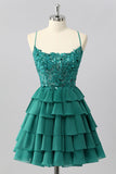 Dark Green A Line Sequins Tiered Cocktail Dress with Appliques
