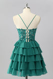Dark Green A Line Sequins Tiered Cocktail Dress with Appliques