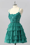 Dark Green A Line Sequins Tiered Cocktail Dress with Appliques