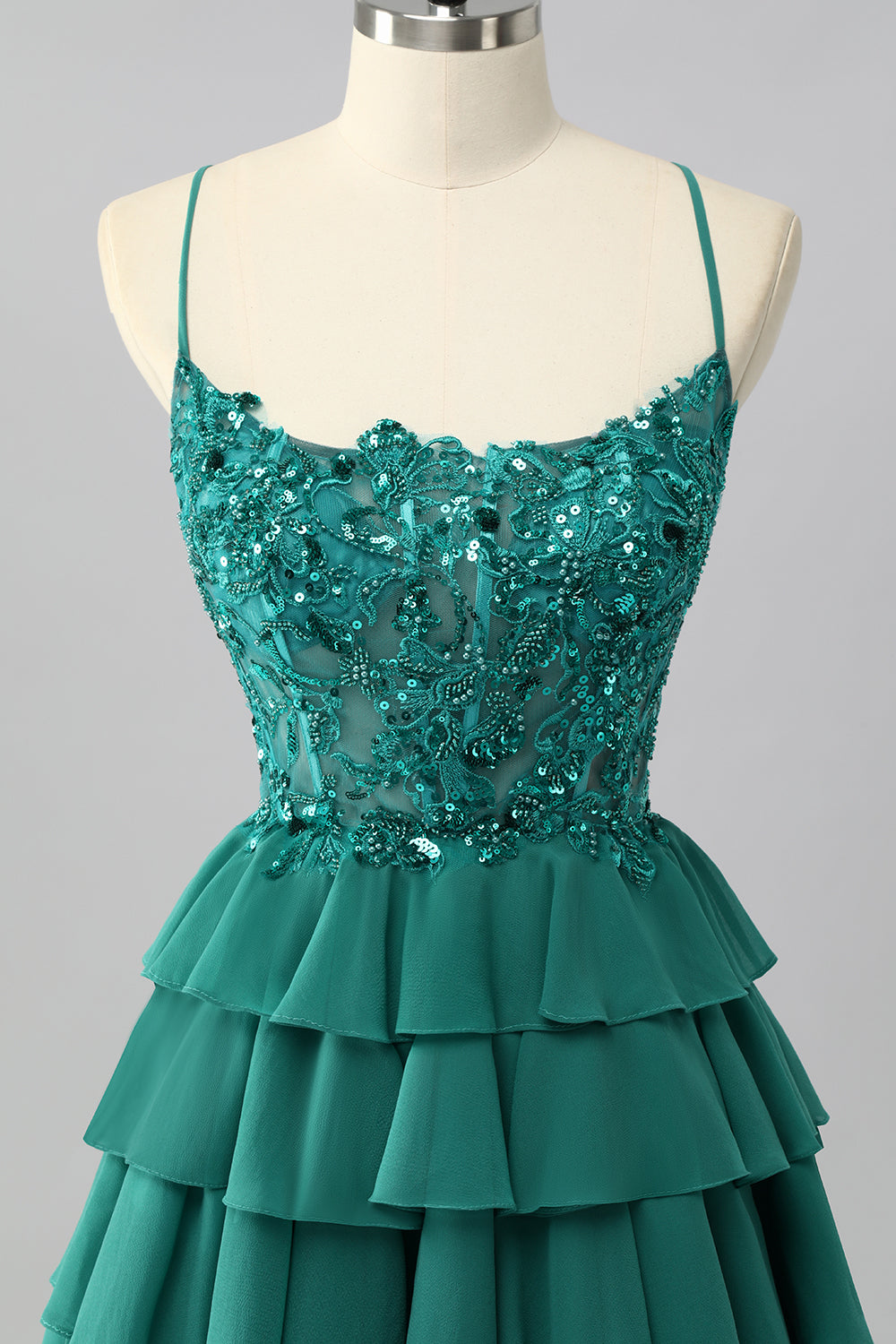 Dark Green A Line Sequins Tiered Cocktail Dress with Appliques