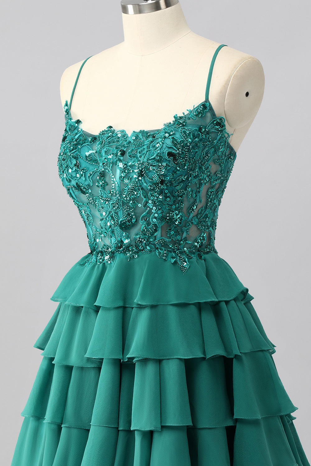 Dark Green A Line Sequins Tiered Cocktail Dress with Appliques