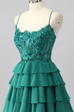 Dark Green A Line Sequins Tiered Cocktail Dress with Appliques