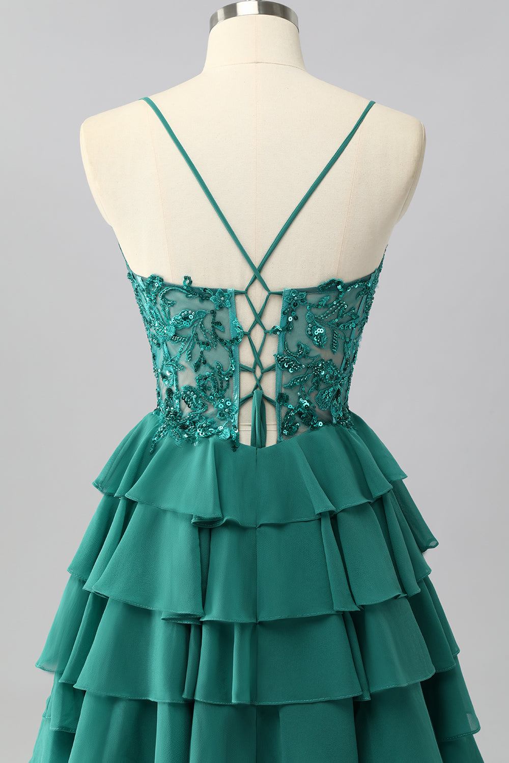 Dark Green A Line Sequins Tiered Cocktail Dress with Appliques