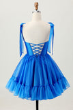A Line Royal Blue Spaghetti Straps Ruffled Cocktail Dress