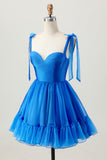 A Line Royal Blue Spaghetti Straps Ruffled Cocktail Dress