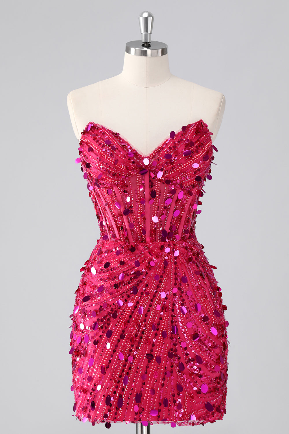 Sparkly Fuchsia Strapless Tight Short Sequins Corset Homecoming Dress with Beading