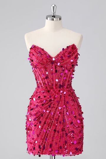Sparkly Fuchsia Strapless Tight Short Sequins Corset Homecoming Dress with Beading
