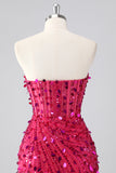 Sparkly Fuchsia Strapless Tight Short Sequins Corset Homecoming Dress with Beading