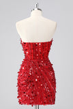 Sparkly Fuchsia Strapless Tight Short Sequins Corset Homecoming Dress with Beading