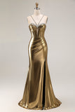 Metallic Golden Beaded Corset Mermaid Long Prom Dress With Slit