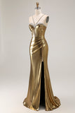 Metallic Golden Beaded Corset Mermaid Long Prom Dress With Slit